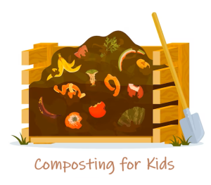 Clipart of a wooden compost bin filled with compost with rotting fruits and vegetables and a shovel leaning against the bin